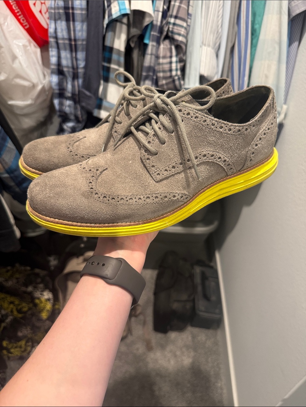 Cole Haan Gray Suede Wingtip Oxfords with Yellow Sole sz 9